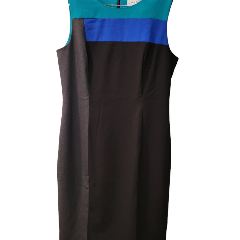 Calvin Klein Dress Size 8 EUC Teal Blue Black Gray Colorblock